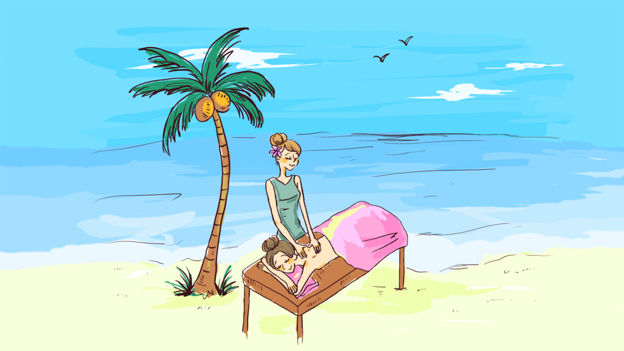 ベッドに横たわりリラックスする女性のイラスト